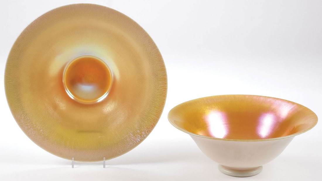 LARGE BOWL & UNDERPLATE, PROBABLY STEUBEN: LARGE BOWL & UNDERPLATE, PROBABLY STEUBEN. Comprising a large iridescent bowl with fitted underplate, both with polished pontil, most likely Steuben. Diameter of underplate 13 inches diameter of bowl 