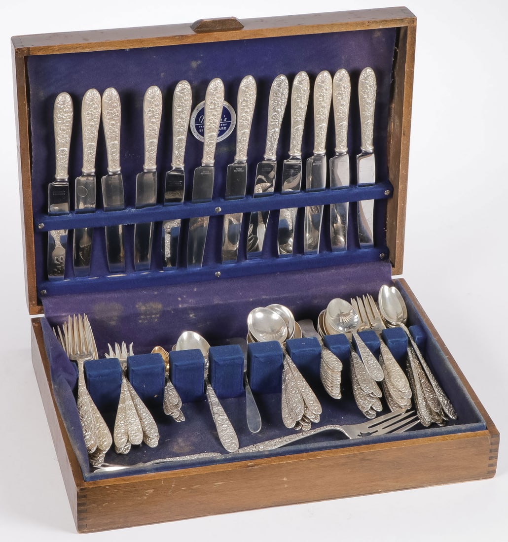 MANCHESTER SOUTHERN ROSE STERLING FLATWARE: MANCHESTER SOUTHERN ROSE STERLING FLATWARE. Comprising a service for twelve, 112 individual pieces including 12 dinner forks, 12 soup spoons, 12 salad forks, 12 pickle forks, 12 dinner knives, 12 butt