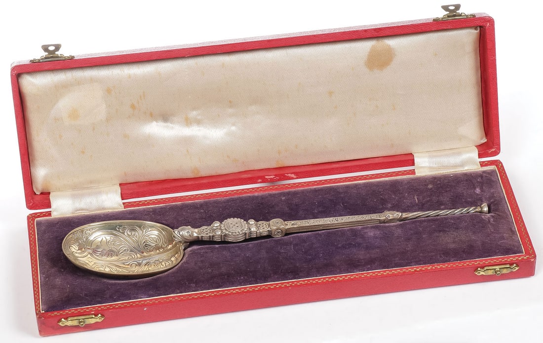 ENGLISH SILVER CORONATION ANOINTING SPOON: ENGLISH SILVER CORONATION ANOINTING SPOON. Comprising an English sterling silver Queen Elizabeth II Coronation Anointing Spoon in original red leather covered fitted case. Birmingham touch marks. Leng