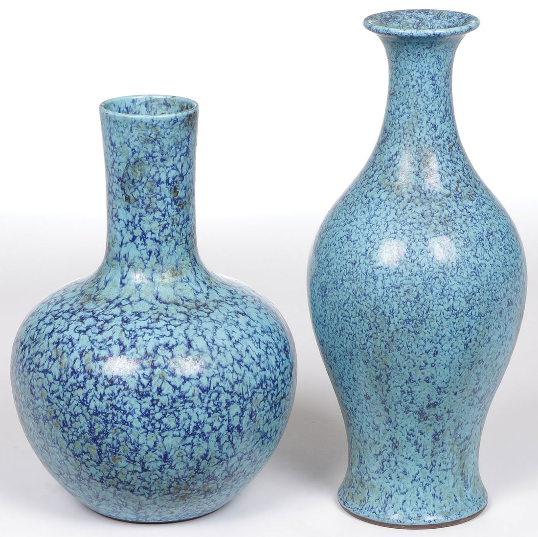 PAIR CHINESE BLUE LU JUN GLAZE VASES: PAIR CHINESE BLUE LU JUN GLAZE VASES. Each with impressed Qianlong mark on underside. Greatest height 9.5 inches (24.5cm).SHIPPING NOTICE:Except for large, oversized items, Jackson's is your sole an