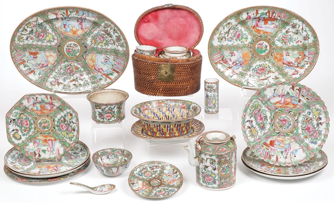 21 PCS CHINESE CANTON EXPORT WARE, 19TH C: 21 PCS CHINESE CANTON EXPORT WARE, 19TH C. Comprising over 21 individual pieces decorated in traditional millefiori designs including plates, chargers, bowls, teapots, and an early porcelain basket wi