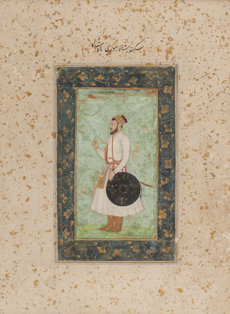 GOOD ILLUMINATED MUGHAL MANUSCRIPT PAINTING, 17TH: GOOD ILLUMINATED MUGHAL MANUSCRIPT PAINTING, 17TH/18TH C. Identified by Persian inscription as depicting Sikander Shah Suri, a 16th-century warlord and antagonist of the Mughal Empire. He is depicted