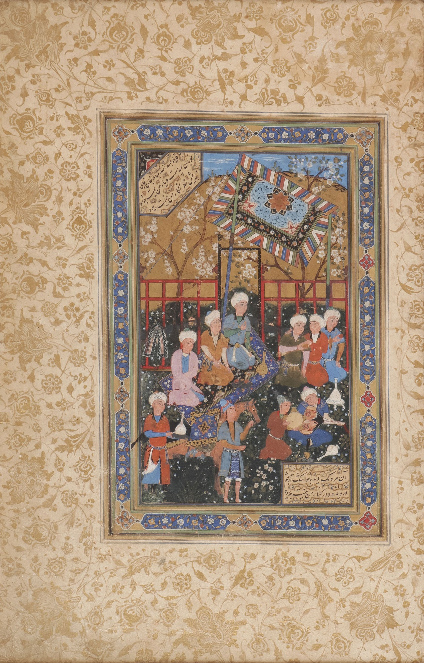ILLUMINATED PERSIAN MANUSCRIPT, SAFAVID 17th C: ILLUMINATED PERSIAN MANUSCRIPT, SAFAVID 17th C. Comprising an illustrated leaf from a manuscript of Persian poetry, depicting Nobleman picnicking in a landscape, mounted for an album with illuminated 