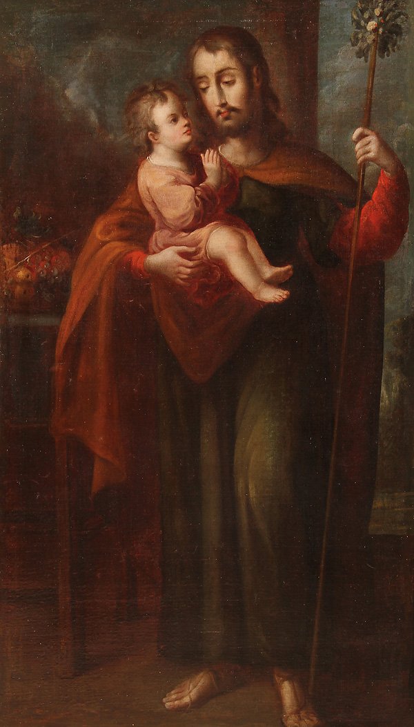 MEXICAN OLD MASTER OIL PAINTING CIRCLE OF JOSE IBARRA: Circle of JOSE DE IBARRA(Mexican 1688-1756) St. Joseph and the Infant Christ Oil on canvas Stretcher inscribed "J. DE IBARRA" 60.5 inches x 35 inches (153.5 x 89 cm)