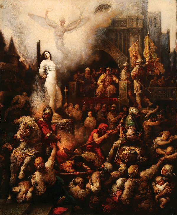 SIGNED FRENCH OIL PAINTING, JOAN OF ARC, CIRCA 1875: NICHOLAS FRANCOIS CHIFFLART(French 1825-1901) The Martyrdom of Jeanne d’Arc Oil on canvas Signed lower left 28.6 inches x 23.6 inches (72.8 x 60 cm)