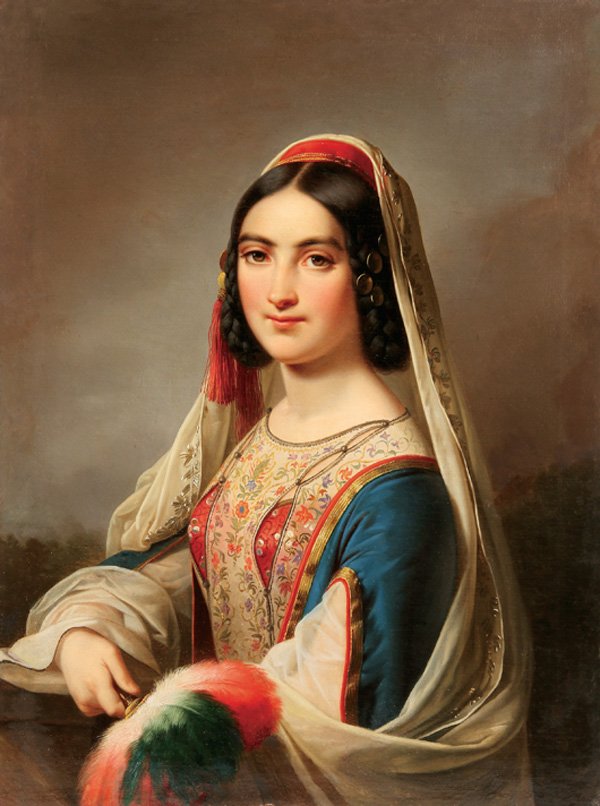 SPECTACULAR OIL PAINTING, ATTRB. J.K. STIELER, 19TH C.: Attributed to JOSEPH KARL STIELER (German 1781-1858) Portrait of a Young Beauty with Feather Fan- possibly Katerina Rosa Botzaris-circa 1850 Oil on canvas Inscribed on stretcher, "Prof. J. Stieler" 31