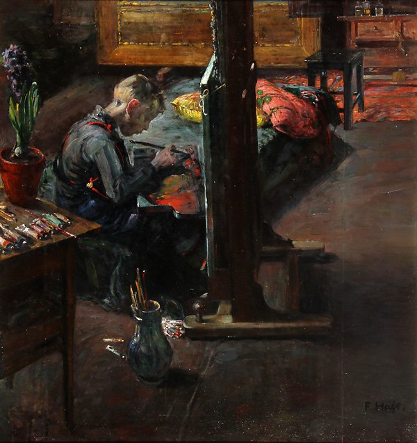 FINE GERMAN OIL PAINTING, SIGNED FRITZ HASS, 19th C.: FRITZ HASS(German 1864-1930) The Young Artist (Portrait of Hermann Hass - The Artist's Grandson) Oil on canvas Signed lower right “F. Hass” and verso with inscribed explanatory and dedicatory labe