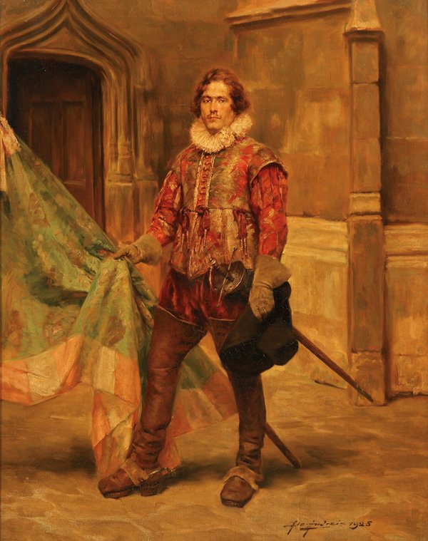 ALEX DE ANDREIS OIL PAINTING OF CAVALIER: ALEX DE ANDREIS(British 1880-1929)Portrait of a Cavalier- 1925Oil on canvasSigned and dated lower right "De Andreis 1925"32.25 inches x 26 inches (81.9 x 66.1 cm)Provenance:Wally Findlay
