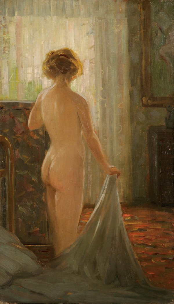 FINE 19TH CENTURY NUDE OIL ON CANVAS PAINTING: GERMAN SCHOOL (19th century) Standing Female Nude- circa 1890 Oil on canvas Apparently unsigned 23.6 inches x 13.5 inches (60 x 34.9 cm), unframed