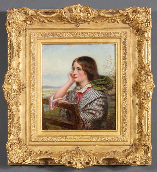 FINE SIGNED BRITISH OIL PAINTING YOUNG OF GIRL 19TH C.: JOHN WATKINS CHAPMAN(British, fl. 1832-1903) The Country Lass Oil on board Signed lower center "J.W. Chapman" 8.75 inches x 7.5 inches (22 x 19 cm) Contained in an attractive vintage gilt wood frame