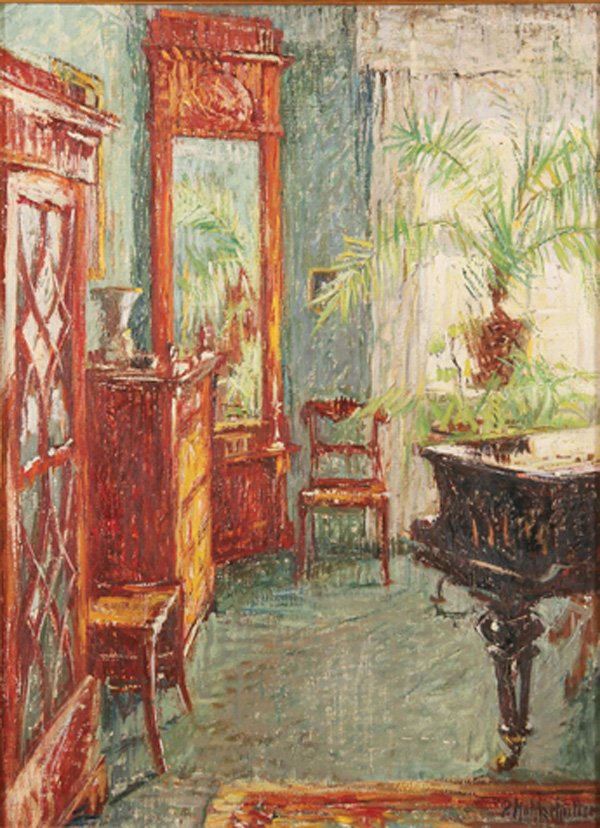 FINE SIGNED BIEDERMEIER OIL ON CANVAS PAINTING: PAULA KOHLSCHÜTTER (German b. 1851- ) Interior View of Music Room in the Biedermeier Taste Oil on canvas Signed lower right 26.8 inches x 19.9 inches (68.4 x 50 cm)