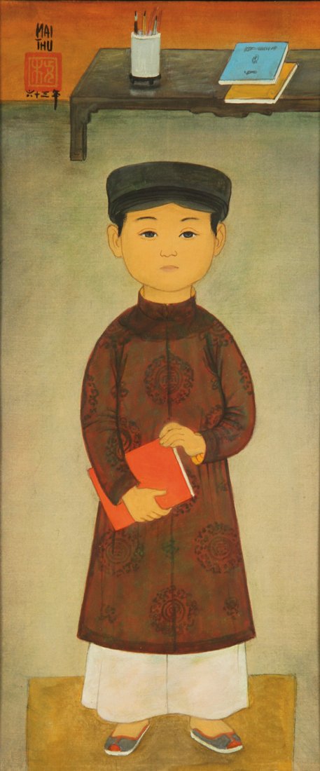 ORIGINAL VIETNAMESE PAINTING BY MAI-THU, C.1963: MAI-THU(Vietnamese 1906-1980) Future Poet- circa 1963 Oil on silk Signed and stamped upper left and titled on verso 14.5 inches x 6.25 inches (37 x 16 cm) Contained in original Mai-Thu glazed frame wi