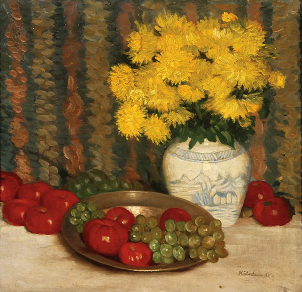 FINE SIGNED STILL LIFE OIL PAINTING DATED 1912: GERMAN SCHOOL (20th century) Still Life with Apples, Grapes and Yellow Flowers- 1912 Oil on canvas Indistinguishably signed lower right and dated 1912 19.25 inches x 20 inches (49 x 51 cm)