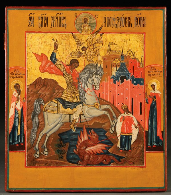 A RUSSIAN ICON OF SAINT GEORGE 19TH CENTURY: A RUSSIAN ICON OF ST. GEORGE, 19TH CENTURY. George plunges a lance into the dragon beneath his horse which is tethered to a ribbon held by the princes shown at lower right. An angel descends from heav