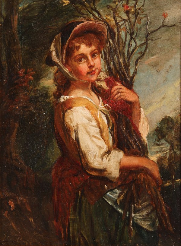 AMERICAN OIL PAINTING, SIGNED & DATED 1881: JOHN T. PEELE(American 1822-1897) The Wood Gatherer- 1881 Oil on canvas Signed and dated lower left and inscribed on verso with artist’s name, title and date 15.8 inches x 12 inches