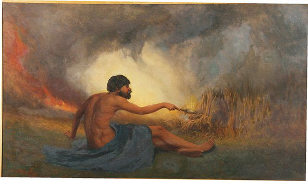 LARGE WILLIAM H. BEARD OIL PAINTING DATED 1897: WILLIAM HOLBROOK BEARD (American 1825-1900) The Fire- 1897Oil on canvasSigned and dated lower left “W. H. Beard 1897”28 inches x 48 inches