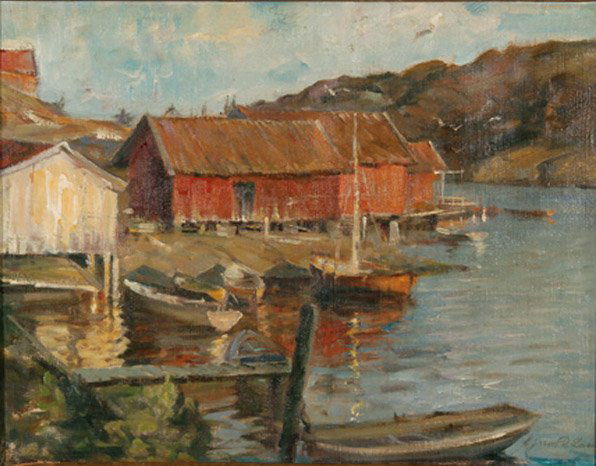 SCANDANAVIAN SCHOOL PAINTING, HARBOR SCENE: SCANDINAVIAN SCHOOL (20th century)A Harbor Scene- circa 1920Oil on canvasSigned lower right ****** R. Lassen (?)15.8 inches x 20.4 inches (40.3 x 52 cm)