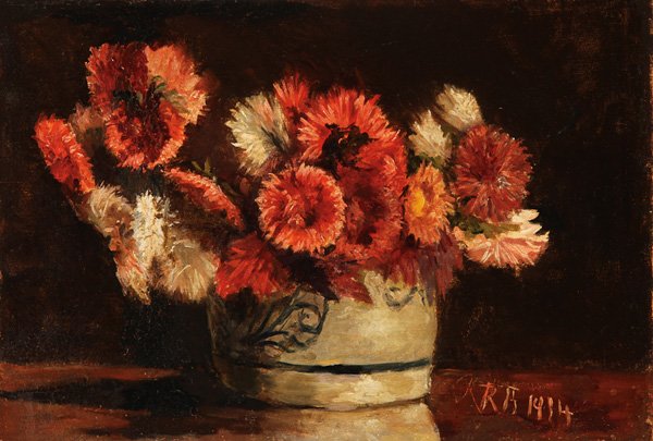 STILL LIFE OIL PAINTING SIGNED & DATED 1914: CONTINENTAL SCHOOL(20th century) Still Life of Flowers in a Stoneware Pot- 1914 Oil on canvas Signed lower right with monogram KRR and dated 1914 16.25 inches x 23.7 inches (41.6 x 60 cm)