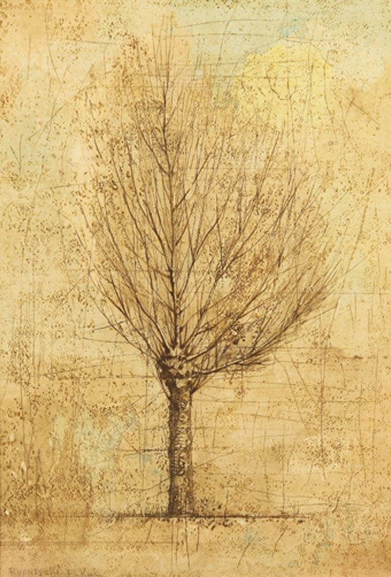 SIGNED JAPANESE OIL PAINTING, RYONOSUKE FUKUI: RYONOSUKE FUKUI(Japanese 1923-1986) A Lone Tree Oil on canvas Signed lower left 21 inches x 14.9 inches (53.4 x 38 cm)