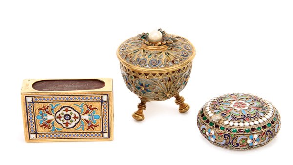 3 RUSSIAN SILVER-GILT AND ENAMELED ITEMS: A GROUP OF THREE RUSSIAN SILVER-GILT AND ENAMELED ITEMS, CIRCA 1900. Comprising a silver gilt cloisonné matchbox holder, hallmarked Moscow, Cyrillic makers mark "G.A." and 84 silver standard. A silve