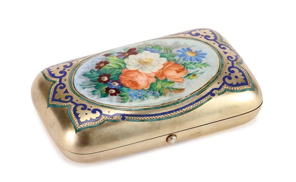 FINE RUSSIAN SILVER ENAMELED CIGARETTE CASE DATED 1879: A VERY FINE RUSSIAN SILVER CHAMPLEVÉ AND EN PLEIN ENAMEL CIGARETTE CASE, MOSCOW, 1879. The hinged lid set with an oval cartouche displaying a painted enamel bouquet of wild flowers enclosed within a