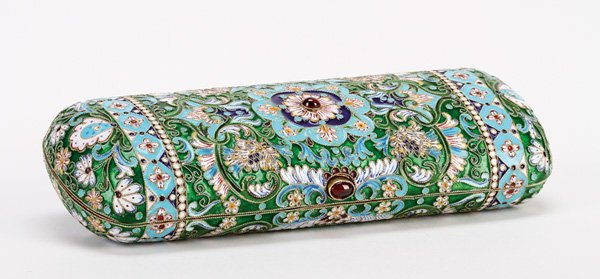RUSSIAN SILVER GILT & ENAMEL CIGAR CASE: A RUSSIAN SILVER GILT SHADED AND CLOISONNÉ ENAMEL CIGAR CASE. Overall profusely enameled and cloisonné d with central medallions, embellished with cabochons. Cabochon thumbpiece opens to reveal brig