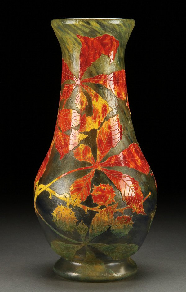 DAUM NANCY FRENCH CAMEO ART GLASS, C. 1900: A VERY FINE DAUM NANCY FRENCH CAMEO ART GLASS VASE, CIRCA 1900. In translucent grey colored glass internally decorated with mottled citron and bluish-grey overlaid with green, yellow, and red colored