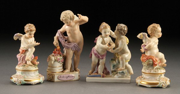 FOUR MEISSEN GERMAN FIGURAL PORCELAIN CUPIDS: FOUR MEISSEN GERMAN FIGURAL PORCELAIN CUPIDS, 19TH/20TH CENTURY. Comprising Love Lost, Hearts Aflame, Hearts Stolen and Love Bound. Incised numbers include M43, F4, E66 and M104. Height 4.25 to 5.25 i