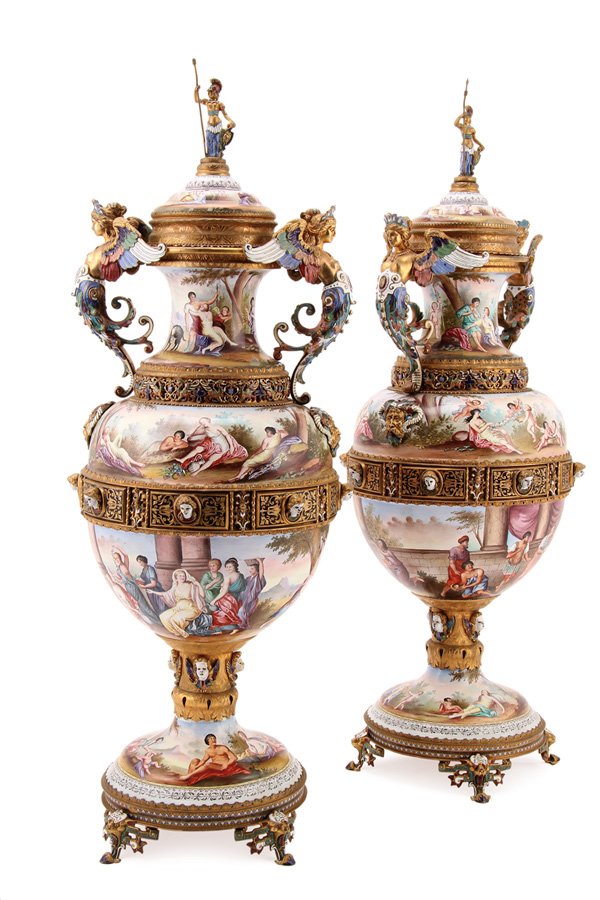 PAIR OF PALACE SIZED ENAMELED URNS, BOHM: A PAIR OF PALACE SIZED VIENNESE ENAMELED AND GILT BRONZE LIDDED URNS, LATE 19TH CENTURY, IN THE MANNER OF HERMANN BOHM. Of ovoid form fully enameled in the round with mythological and classical scenes