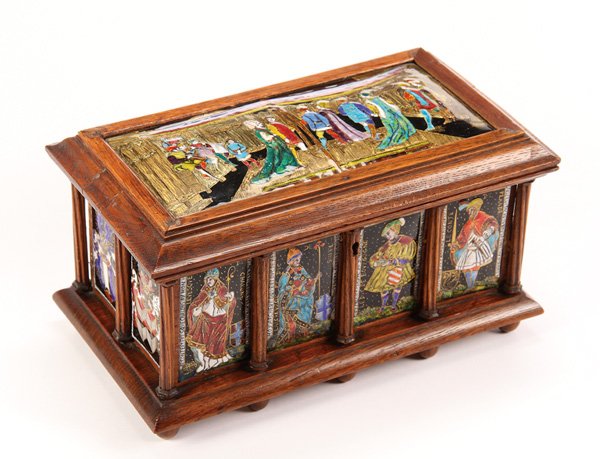 FRENCH RENAISSANCE STYLE OAK ENAMELED CHEST: A FRENCH RENAISSANCE STYLE ENAMELED, GILT, AND CARVED OAK LIDDED CASKET, 19TH CENTURY. The base containing eight enameled copper plaques with a Count of Flanders representing each of the eight differe