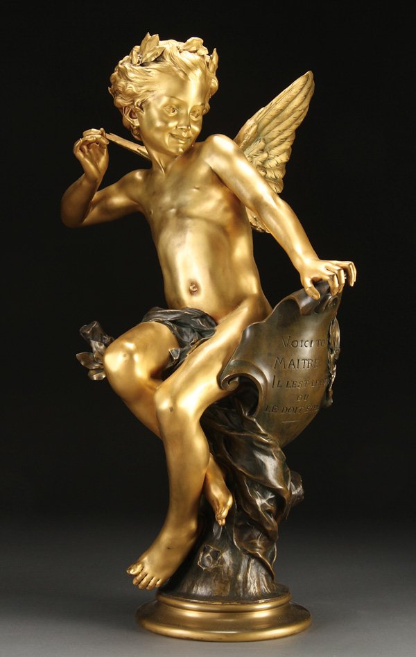 BRONZE FIGURE OF CUPID, LOUIS BOTTEE, 1888: LOUIS ALEXANDRE BOTTEE(French 1852-1940)Cupid- 1888Gilt bronzeInscribed on base "LOUIS BOTTEE" and dated "88" and with Susse Freres, Paris foundry stamp. Shield inscribed "VOICI TON MAITRE IL LEST LE
