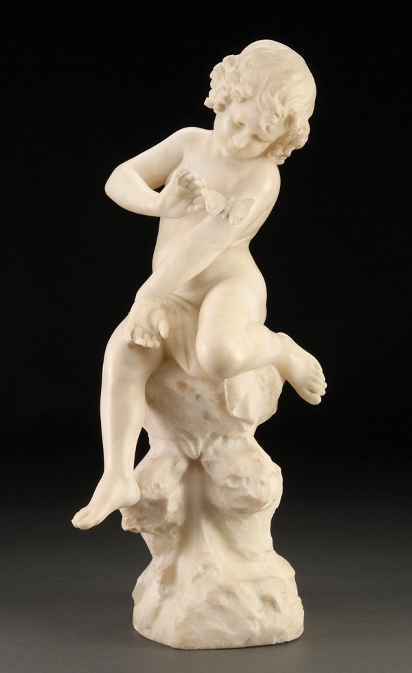 ITALIAN CARVED ALABASTER, YOUNG GIRL, GAMBOGI: GUISEPPE GAMBOGI(Italian 19th/20th century)Figure of Young Girl with Butterfly Carved alabasterInscribed "G. Gambogi Made in Italy"Height 23.5 inches (59.5 cm)