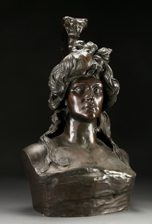 BELGIAN BRONZE, JUSTICE, JACQUES DE LALAING: JACQUES DE LALAING(Belgian 1858-1917) The Head of Justice- circa 1909 Bronze with dark brown patina Inscribed on verso “Jacques De Lalaing" and indistinguishably dated 1909 (?) Height 33 inches (84 