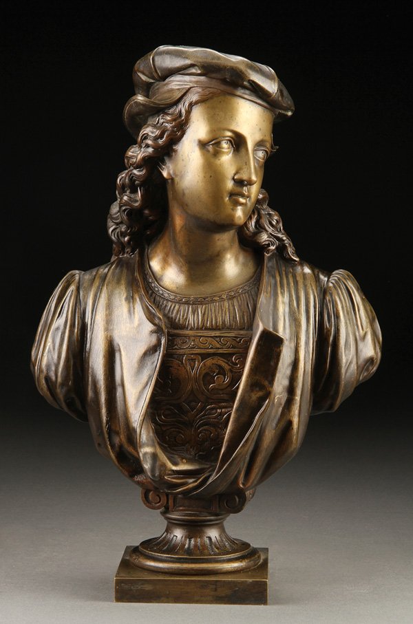 A BRONZE BUST OF THE YOUNG ARTIST RAPHAEL: A BRONZE BUST OF THE YOUNG ARTIST RAPHAEL, PROBABLY FRENCH, 19TH CENTURY. Unsigned. Height 14.75 inches (37.5 cm).