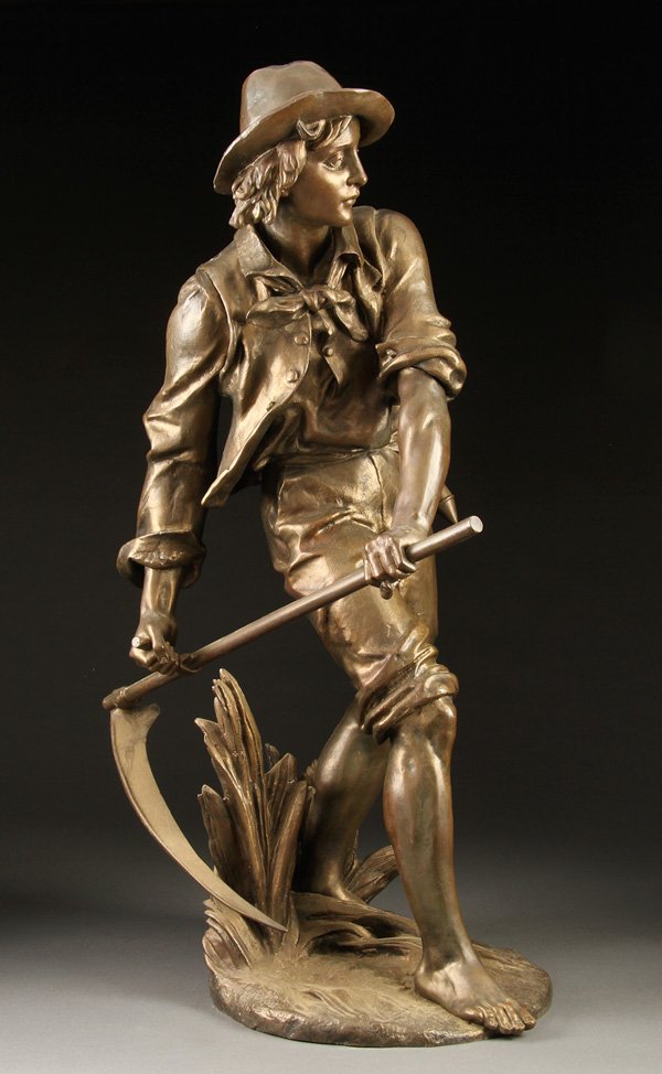 FRENCH BRONZE, HARVESTER, EUGENE AIZELIN: EUGENE ANTOINE AIZELIN (French 1821-1902) The Harvester Bronze Inscribed “Aizelin” Height 32.5 inches (82.5 cm)