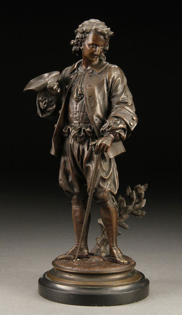 FRENCH BRONZE, YOUNG MAN, BLAVIER: Attributed to EMILE VICTOR BLAVIER(French 19th/20th century)A Young Man with Walking Stick Holding His Hat Bronze with dark brown patinaApparently unsignedHeight 11 inches (28 cm) excluding base