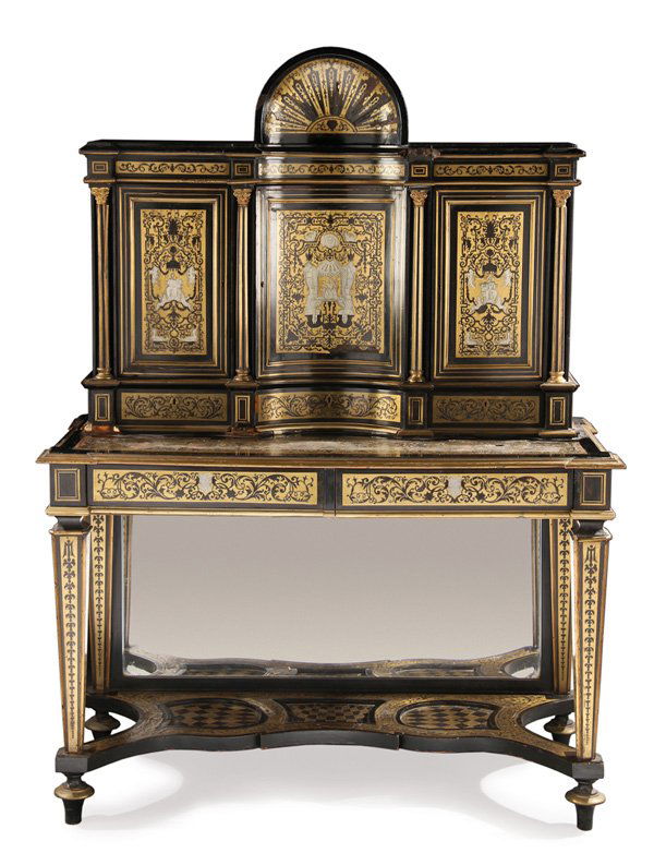 INLAID BRASS AND EBONY SECRETARY AUSTRIA: A GILT BRASS AND ENGRAVED PEWTER INLAID EBONY SECRETARY, PROBABLY AUSTRIAN OR GERMAN, LATE 18TH/EARLY 19TH CENTURY. The three door cabinet in ebony veneer over mahogany inlaid with gilt cut brass scr