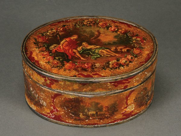 FRENCH ENAMELED SILVER TORTOISE SHELL LINED BOX: A FRENCH ENAMELED SILVER-GILT AND TORTOISE SHELL LINED BOX, EARLY 19TH CENTURY. Of oval form. Decorated with pastoral scenes within translucent guilloche enameled borders. The interior with a fitted