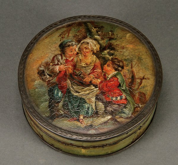 TORTOISE SHELL PAINTED SNUFF BOX, 18TH C.: A 18TH CENTURY CONTINENTAL PAINTED PAPIER-MACHE AND TORTOISE SHELL SNUFF BOX. Of round form. Decorated with three young children on cover with silver rim. The base with a provincial lakeshore scene. D