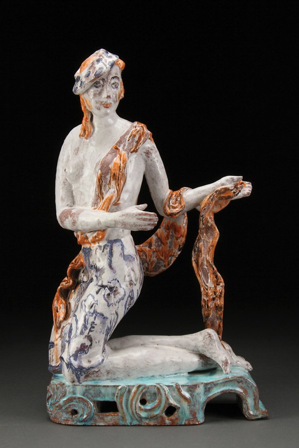 V. WIESELTHIER; WIENER WERKSTATTE CERAMIC NUDE: A VALLEY WIESELTHIER (AUSTRIAN 1895-1945) FOR WIENER WERKSTÄTTE GLAZED CERAMIC FIGURE OF A KNEELING NUDE WITH SCARF. Impressed Wiener Werkstätte mark and artist initials. Height 23.25 inches (59 cm)