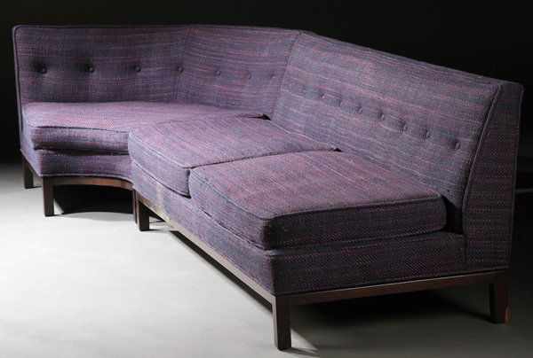 SECTIONAL SOFA, EDWARD WORMLEY FOR DUNBAR: EDWARD WORMLEY FOR DUNBAR, 4-PIECE SECTIONAL SOFA, MID 20TH CENTURY. Comprising a corner unit, a two section arm-less, and two sections with one arm each. With tufted back. Upholstered in purple fabri