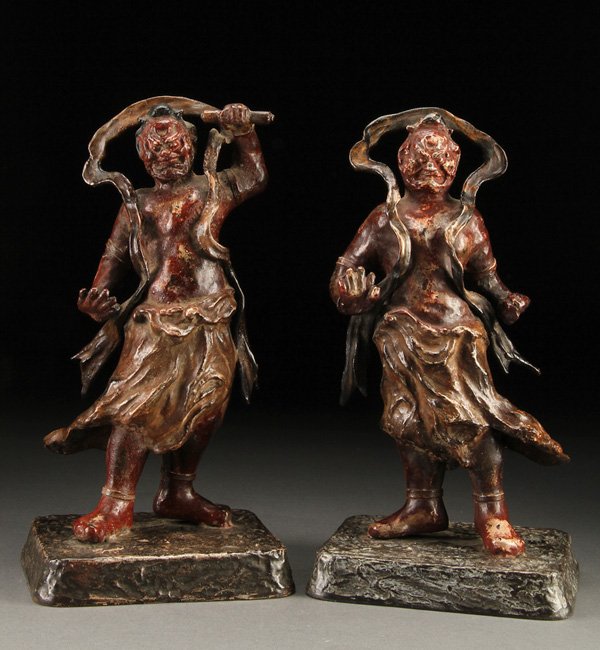 JAPANESE POLYCHROME BRONZE BUDDHIST FIGURES: A PAIR OF JAPANESE POLYCHROME BRONZE BUDDHIST FIGURES, 20TH CENTURY. Depicted in standing form with celestial scarves. Height 14 inches (36 cm).