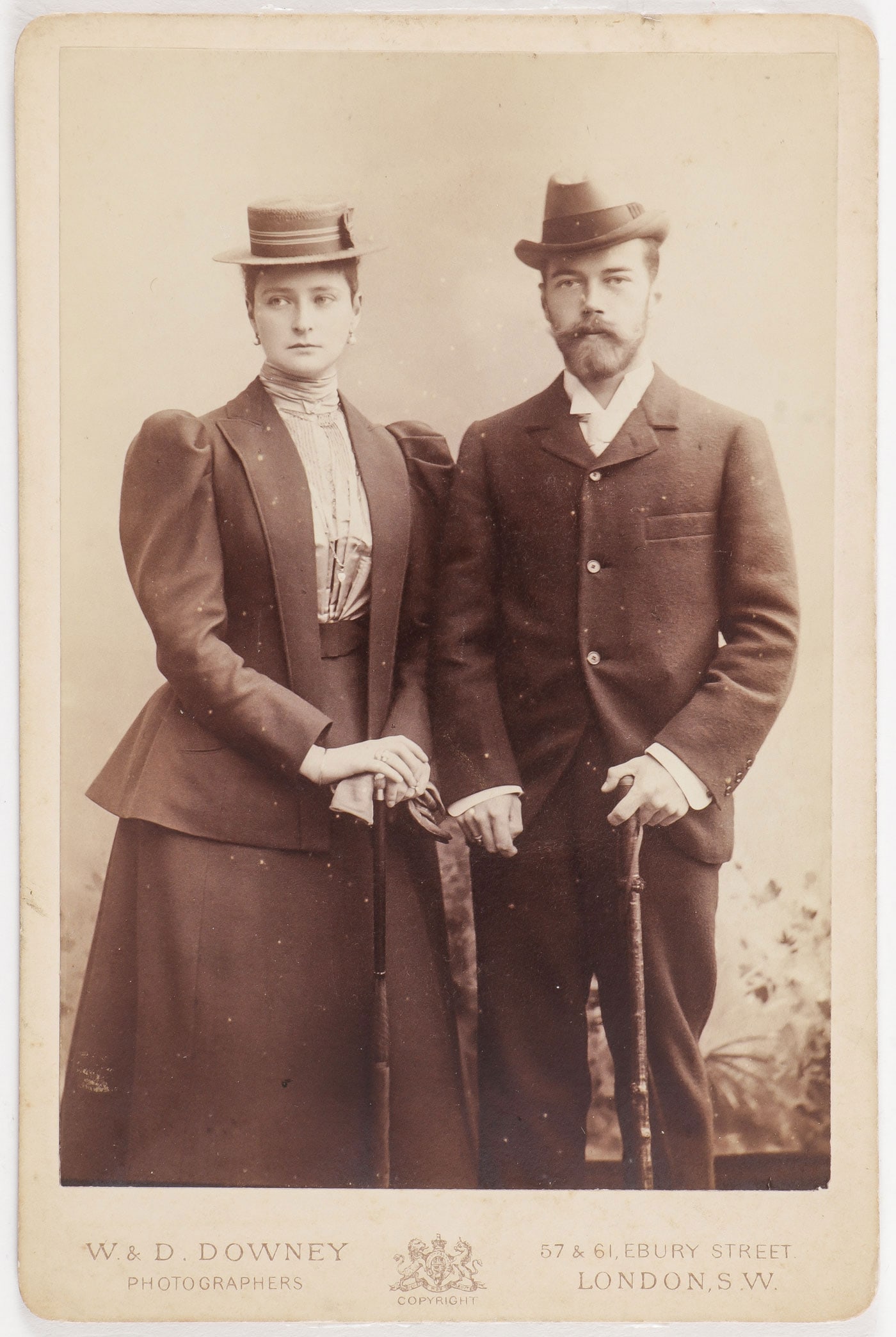 IMPERIAL RUSSIAN CABINET CARD PHOTO, CIRCA 1894: IMPERIAL RUSSIAN CABINET CARD PHOTO, CIRCA 1894. Comprising a cabinet card engagement photo of Tsarevich Nicholas and his future wife Alix of Hesse. Likely taken during Nicholas' visit to England in t