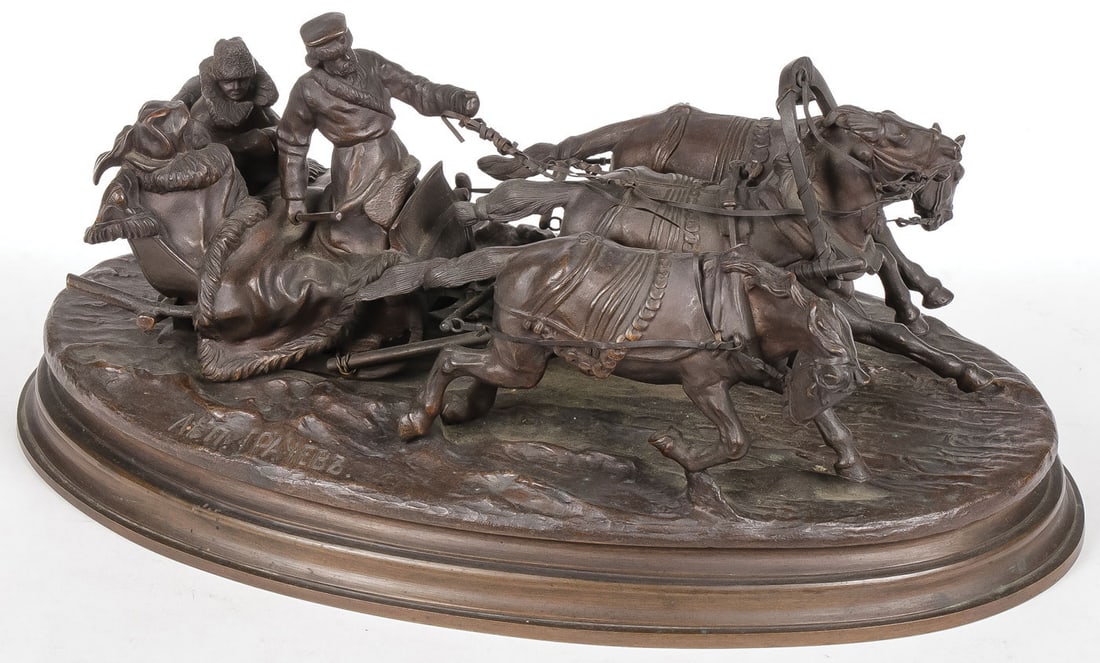 RUSSIAN BRONZE TROIKA GROUP GRACHEV, 19TH C: VASSILI YACOVLEVITCH GRACHEV (Russian 1831-1905)Winter Troika Scene - circa 1875Bronze with dark brown patinaSigned on base in Cyrillic "lp Grachev" and with K.F. Voerffel foundry markHeight 7.5 inc