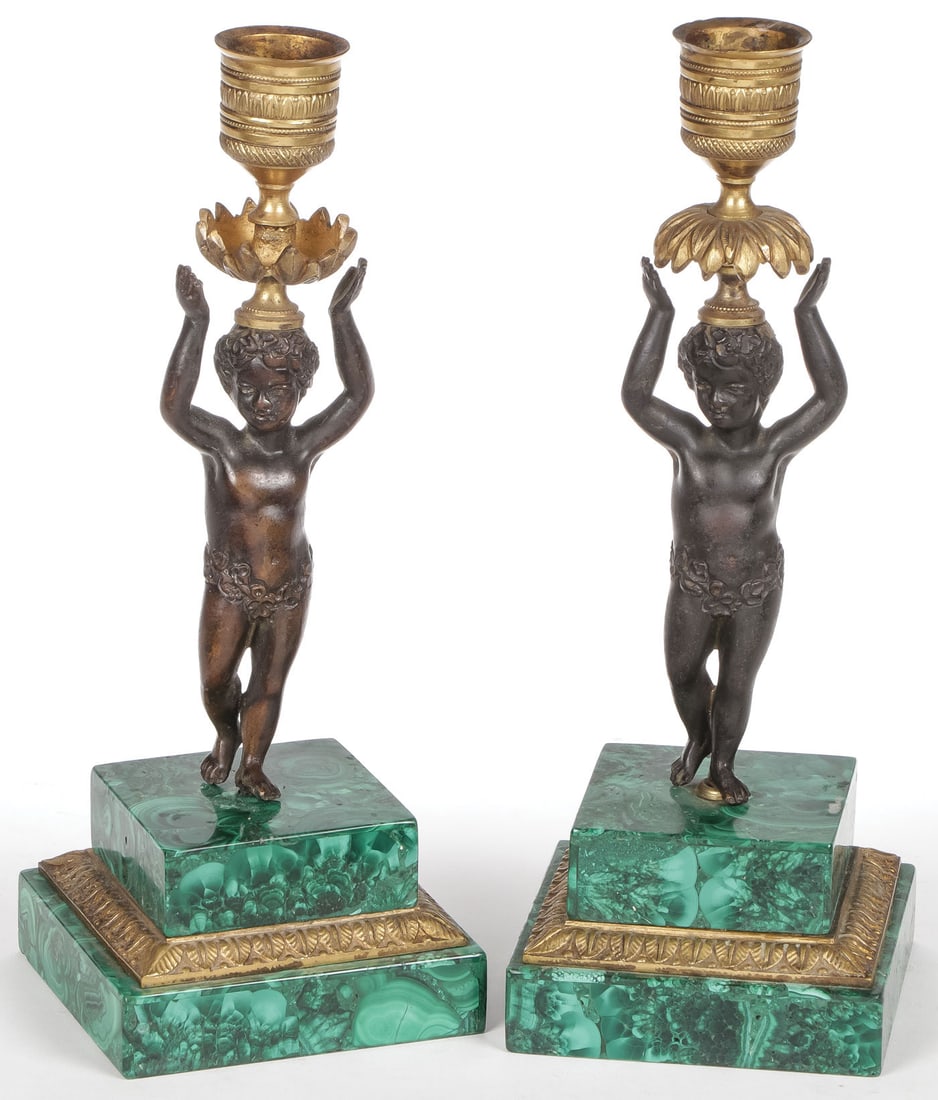 PR RUSSIAN MALACHITE & BRONZE CANDLESTICKS, 19TH (1 of 2)