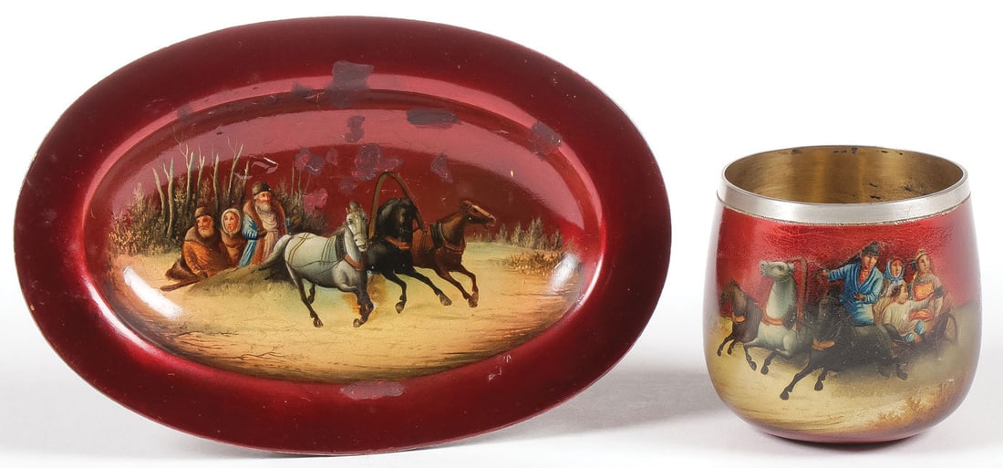 RUSSIAN SILVER & LAQUERED TRAY & CUP MOSCOW, 1896 (1 of 3)
