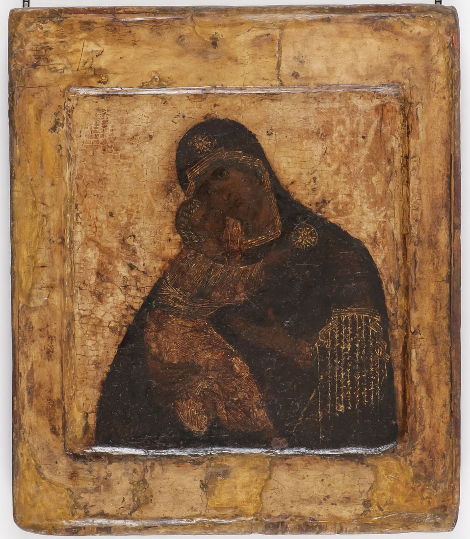 EARLY RUSSIAN ICON OF THE VLADIMIRSKAYA, C. 1600 (1 of 2)