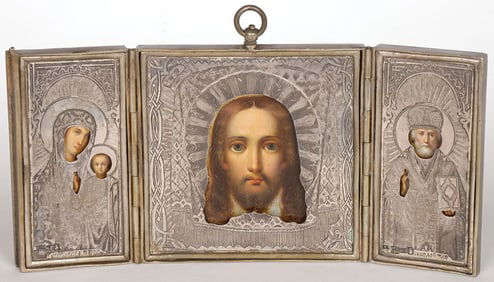 FINE RUSSIAN SILVER TRYPTICH ICON