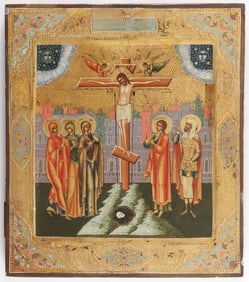RUSSIAN ICON OF THE CRUCIFIXION, PALEKH