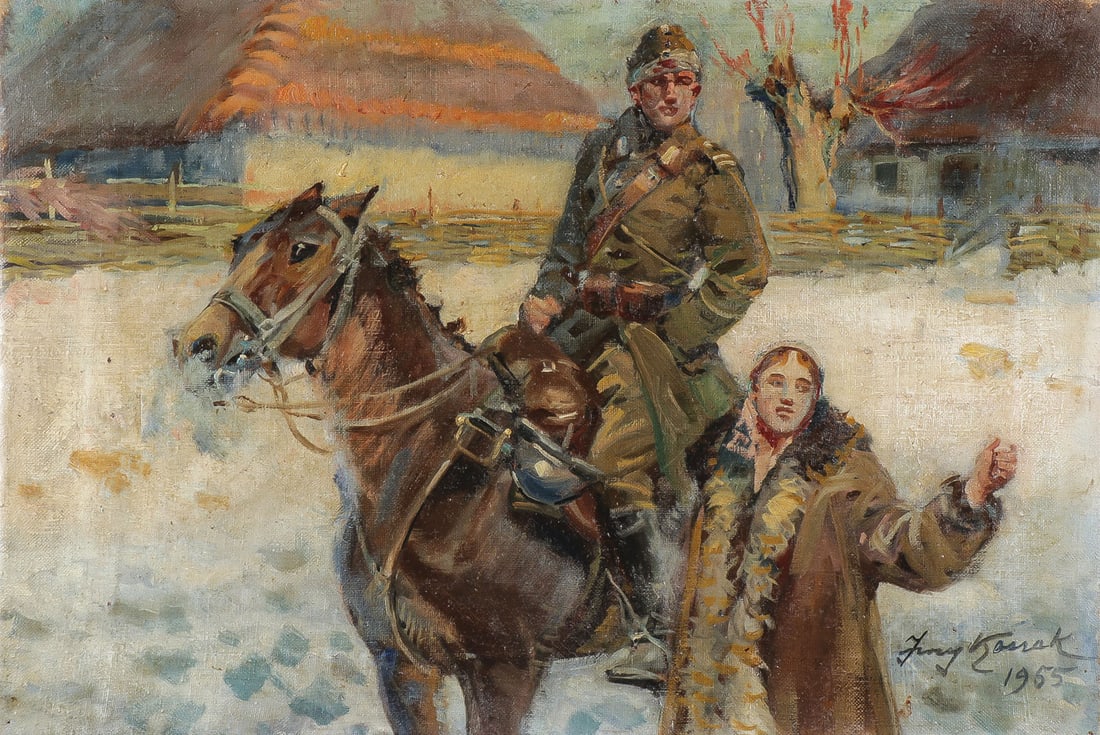 POLISH MILITARY PAINTING, JERZY KOSSAK: JERZY KOSSAK (Polish 1886-1955)Soldier on Horseback -1955Oil on canvasSigned and dated lower right 13.5 inches x 19.5 inches (34.5 x 49.5cm), unframedSHIPPING NOTICE: